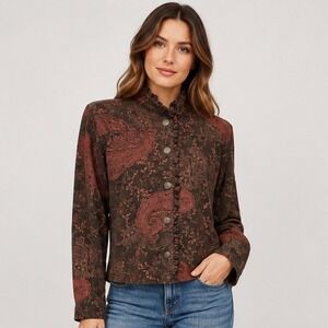 Krazy Kat Corduroy Small Brown Paisley Ruffle Collar Boho Button Front Top Boho